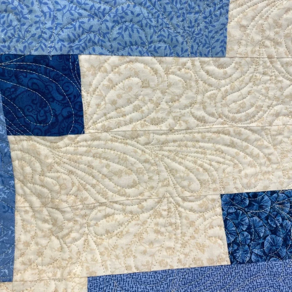 Handmade Blue Cream Geometric Quilted Wall Hanging Small Lap Blanket 24
